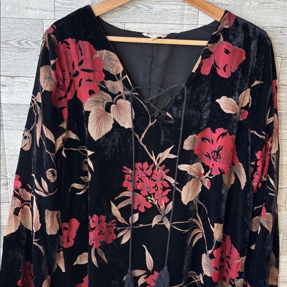 Anthropologie Mystree Dress Floral Velvet Burnout Flare Sleeve Whimsy Goth Large